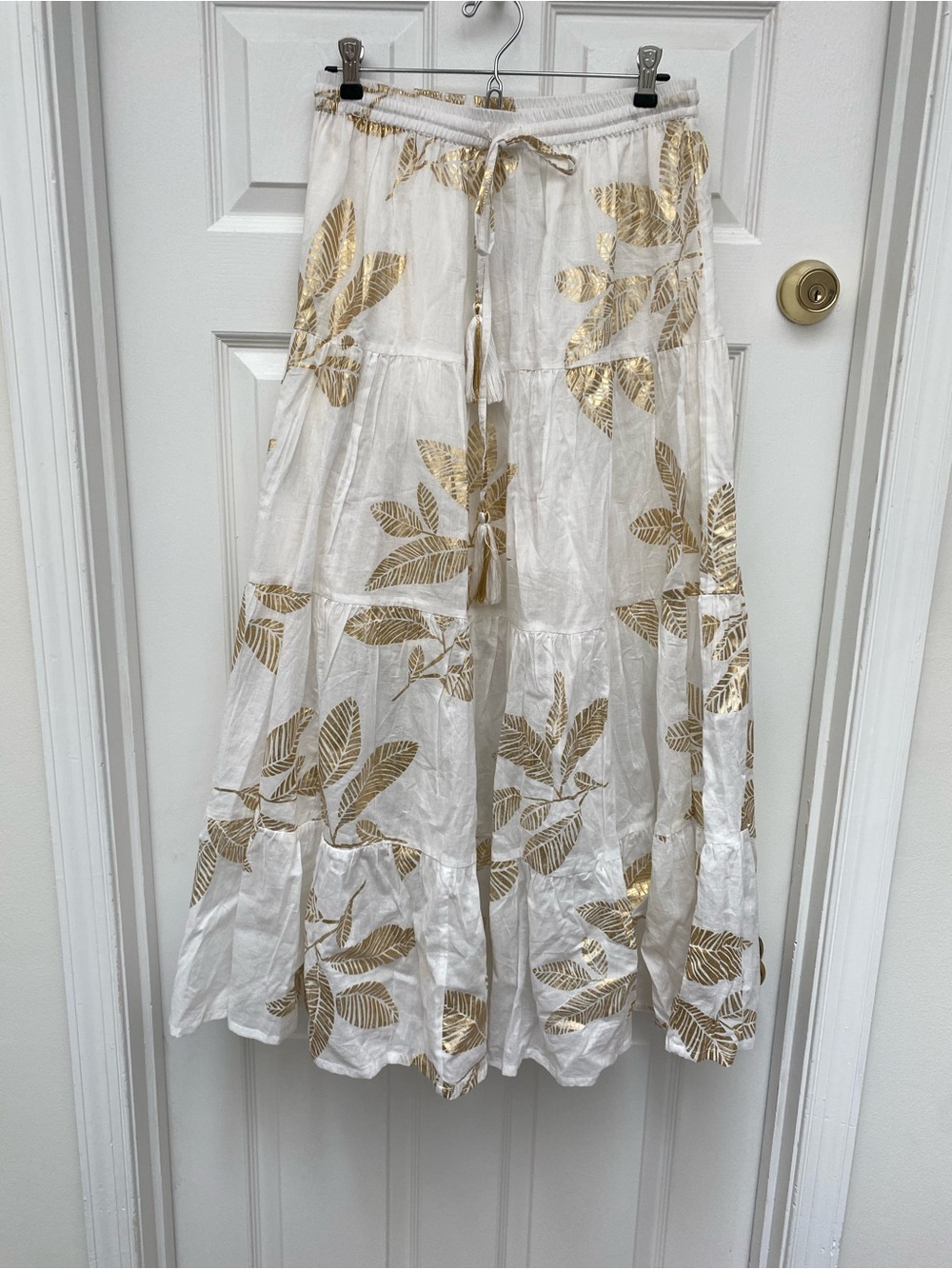 NWT Debbie Katz White Maxi Skirt w Metallic Gold Leaf Print & Drawstring Waist L